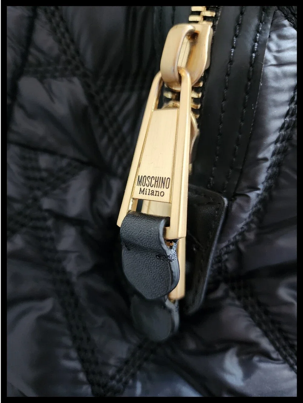 MOSCHINO Quilted Stitch Logo Backpack Gold Studded Hardware Key Ring Nylon Black
